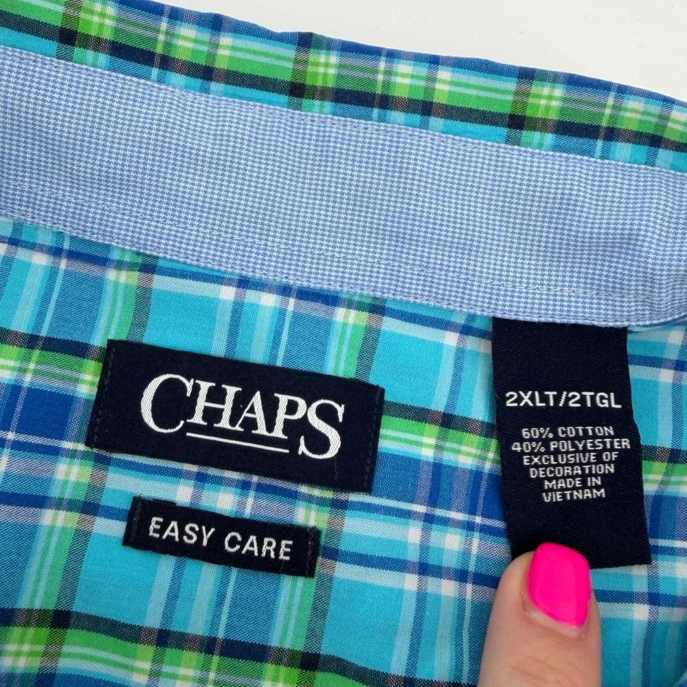 Chaps Mens 2XLT Blue Green Plaid Short Sleeve Button‎ Down Shirt Easy Care